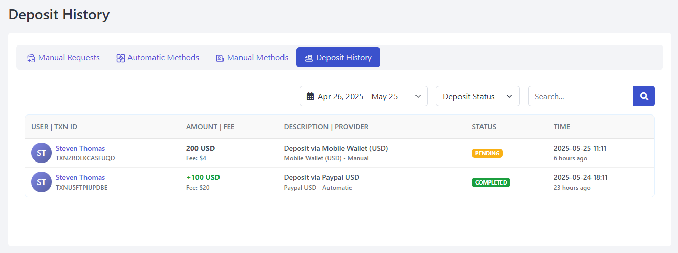 Deposit History UI